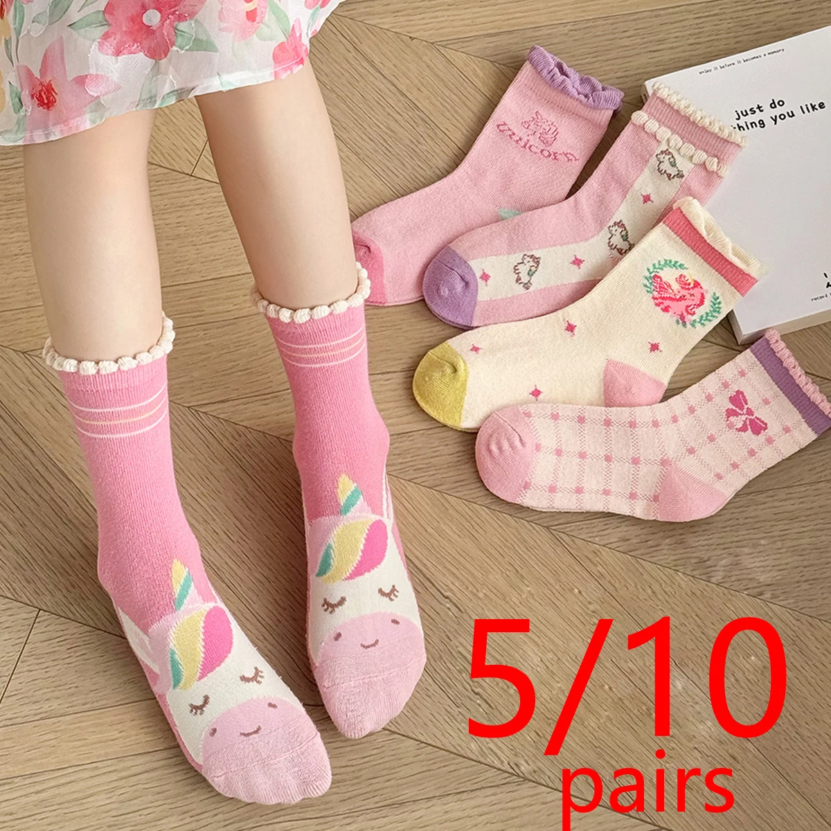 5/10 Paare/Los Kindersocken für Mädchen 2025, niedlicher Cartoon-Einhorn-Blumendruck, für Kinder, knöchelkurze, atmungsaktive Baumwolle, Kleinkind-Socke