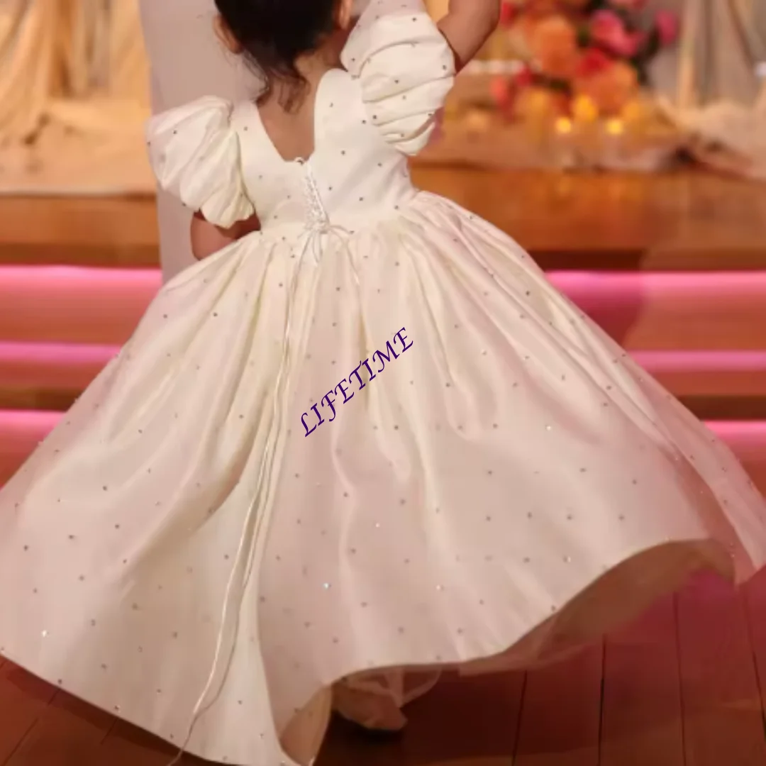 CustomizedPrincess Satin Flower Girl Dresses for Wedding Puff Sleeves Floor Lenght Kids Birthday Party First Communion Gown