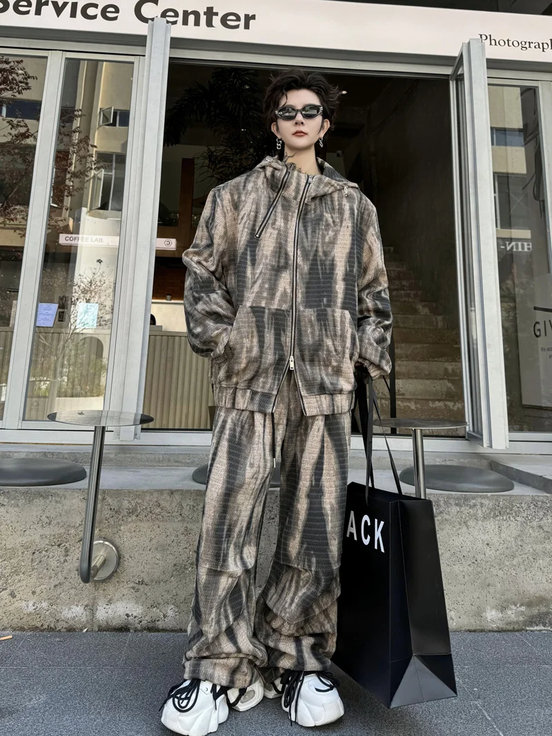 

American High Street fiti adient Color Hooded Open Cardigan Jaet Men's Set Wide Leg Pants Two Piece Set Faionable Y...