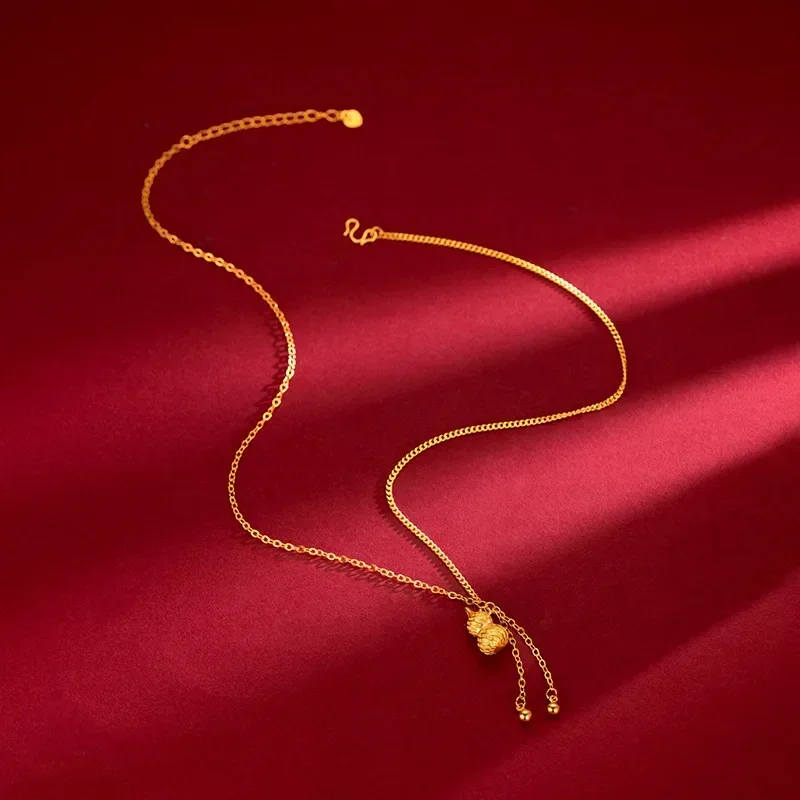 

9999 Real Gold 24K Vintage Gourd Collarbone Chain Gold Fulu Gourd Pendant Set Chain Female