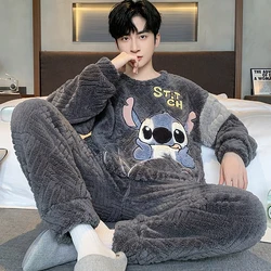 Cartoon Disney men's pajamas winter new Stitch thickened coral fleece flannel two-piece set loose loungewear men's pajamas