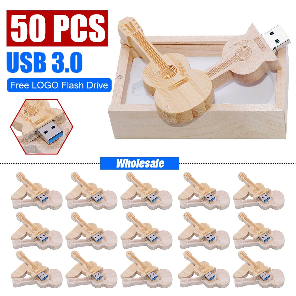 50pcs/lot wooden guitar Pen Drive 3.0USB flash drive memory Stick pendrive 8GB 16GB 32GB 64GB 128GB Cle usb Free customized Logo