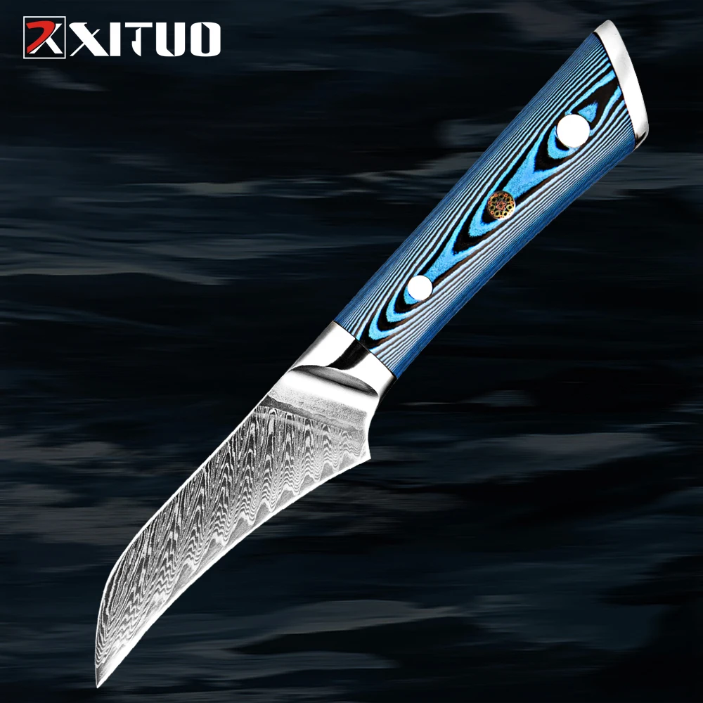 XITUO Damascus Paring Knife 3.5 Inch Curved Edge Fruit Knife Vg10 Steel Core Damascus Blade Peeling Knife Pakkawood Handle