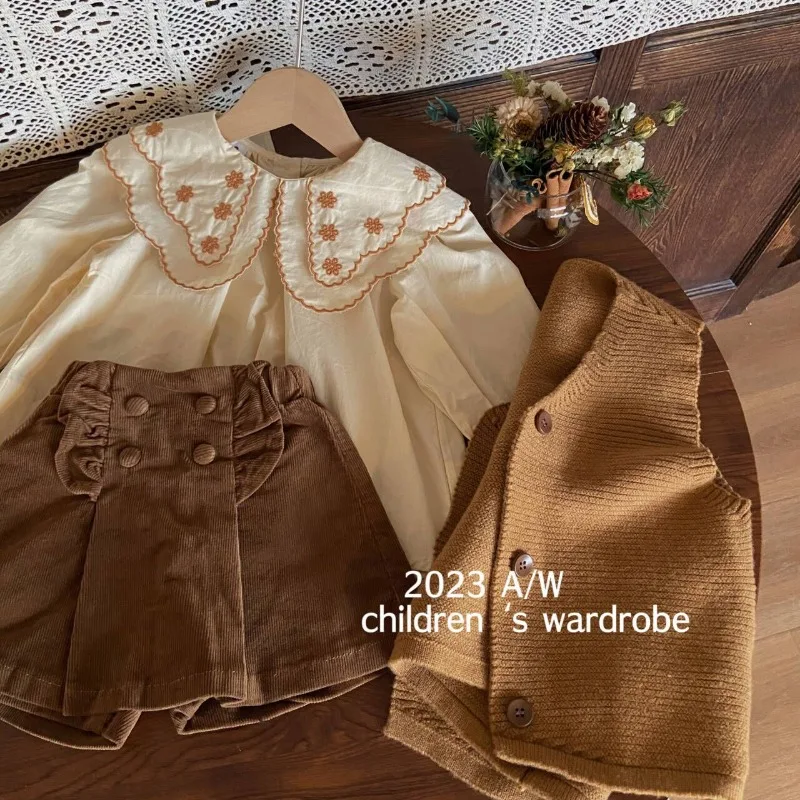 2024 Fall and Winter Kids Clothes Girls Baby Girls Knit Vest Shirt Shorts 3-piece Set Toddler Cute French Embroidered Shirt 2-8y