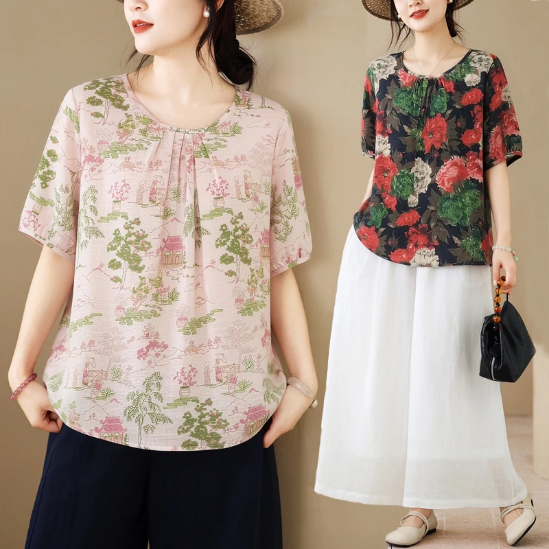

New Chinese Style Printed round Neck Short Sleeve Base Shirt Women's plus Size Summer T-Shirt Comfortable Fit Commute Fashion
