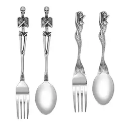 Halloween Titanium Steel Fork Spoon Skeleton Skull Mermaids Handle Tableware Vintage Dinner Table Flatware Set Christmas Gifts
