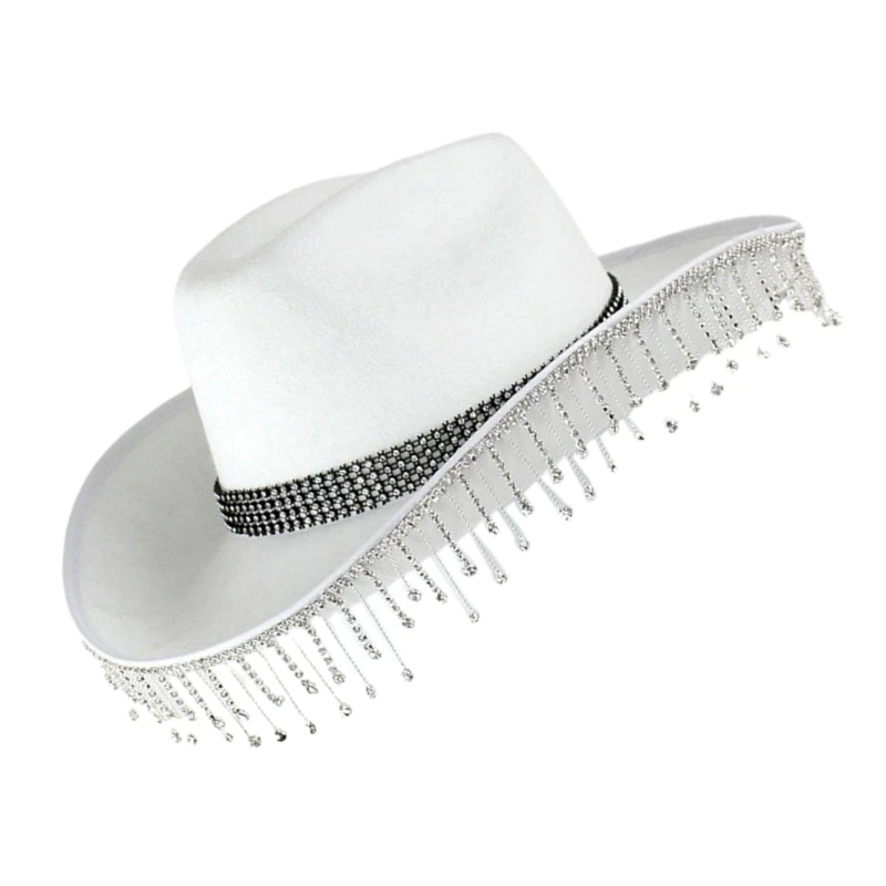 Fringed Diamond Cowgirl Hat Wide Brim Cowboy Teens Lady Party Wear Costume