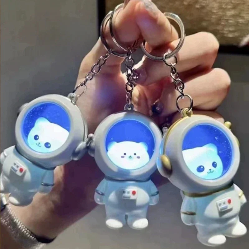 Creative Cartoon Lovely Spaceman Light Glowing Keychain Light Luminous Cute Bear Kawaii Cat Space Astronaut Key Ring Bag Hanging