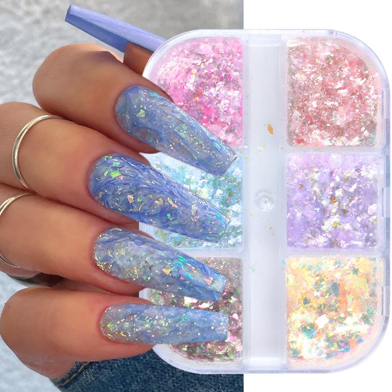 6Grids Aurora Fluwelen Glitter Nail Poeder Sparkly Onregelmatige Nail Art Pailetten Sequin Vlok Fire Opal Charms Decoraties Jixr