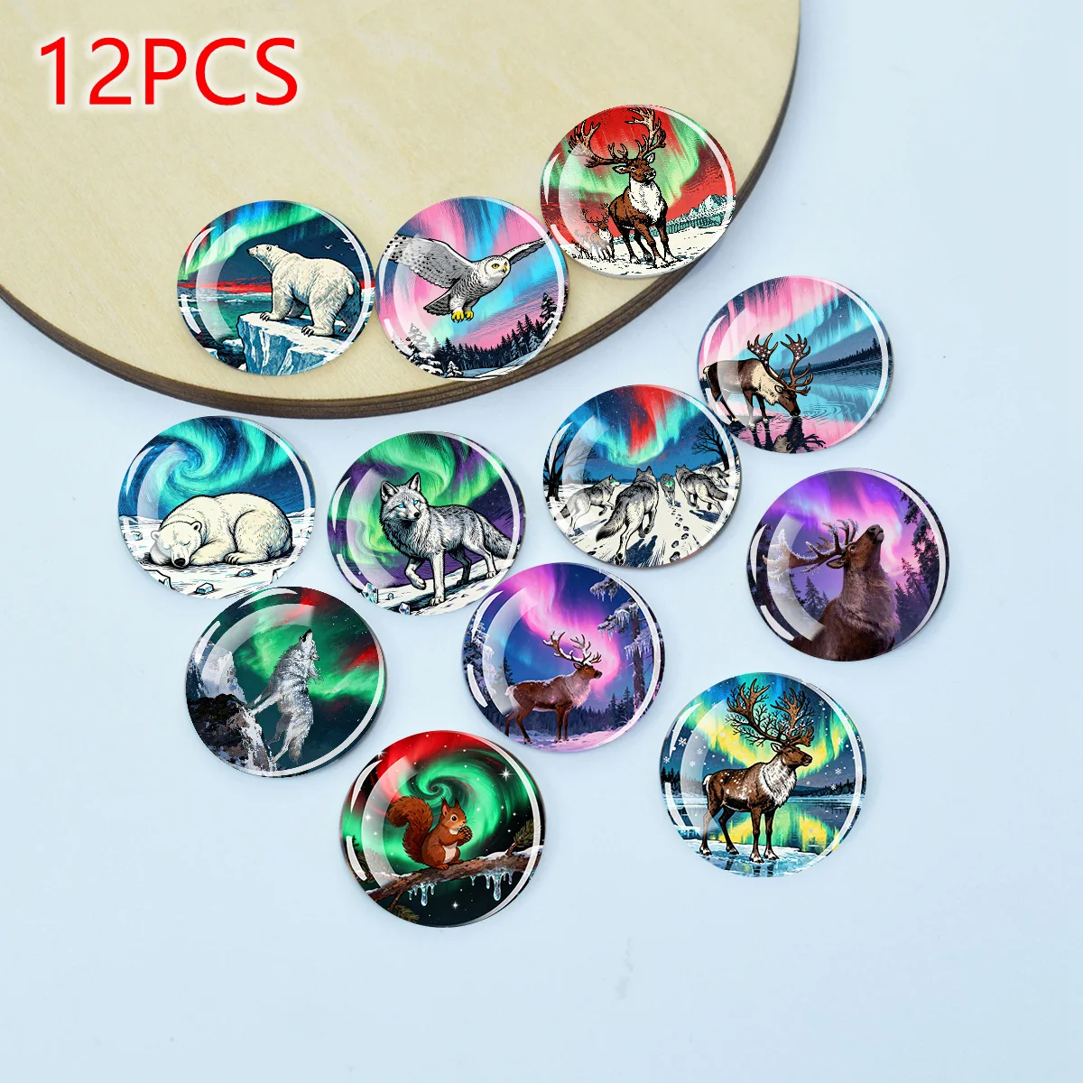 12PCS Aurora Arctic Animals Round Flat Back Glass Cabochons 25MM/ 20MM/ 16MM DIY Beads for Bracelet Earring Jewelry Findings