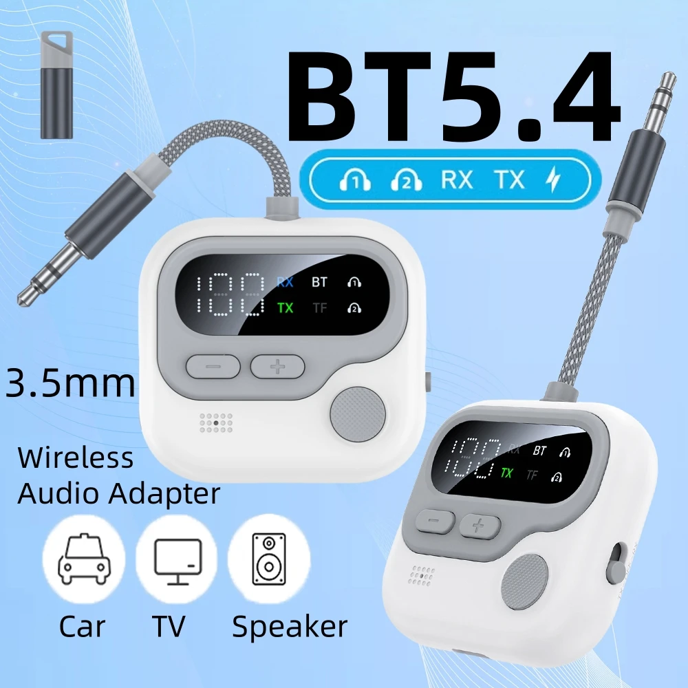 

3.5mm AUX Stereo Bluetooth5.4 Transmitter Receiver With Mic/LED Display Wireless Audio Adapter for MP3 TV Car Speaker Headphone