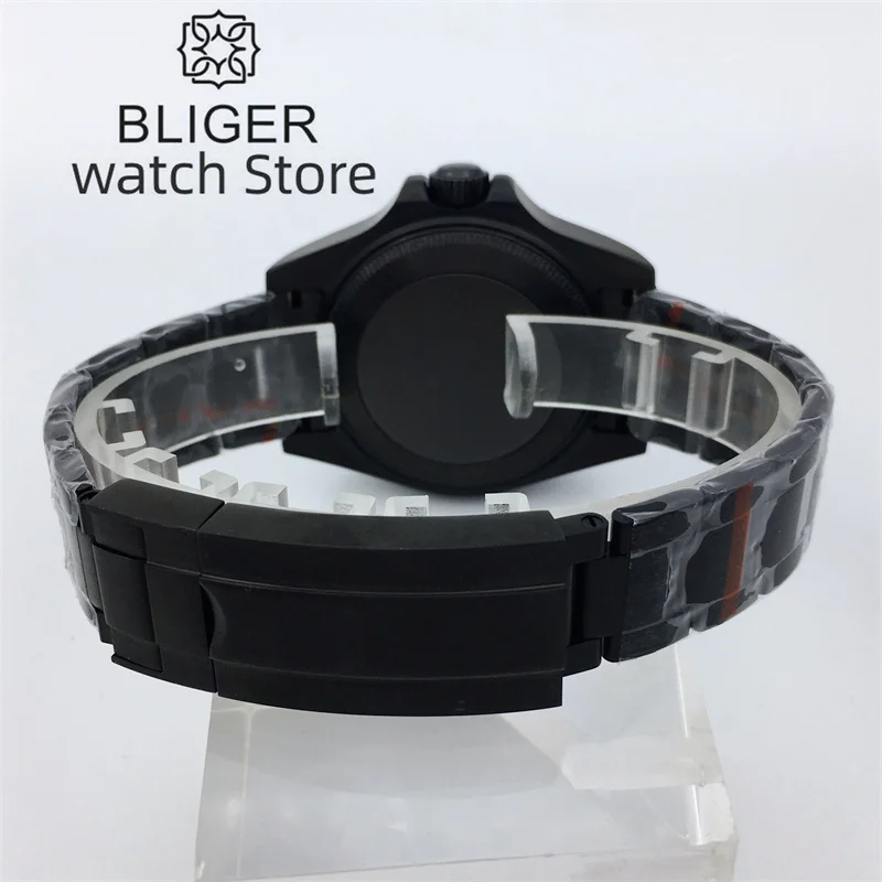 40mm BLIGER PVD Black Mechanical Automatic Men\'s Watch Black Aseptic Dial Luminous Blue AR Sapphire Glass NH35A PT5000 Movement