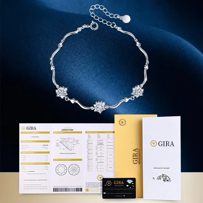 S925 الفضة الروديوم مطلي السداسية ندفة الثلج D اللون مويسانيتي سوار للنساء ، GRA معتمد غرامة مجوهرات هدية