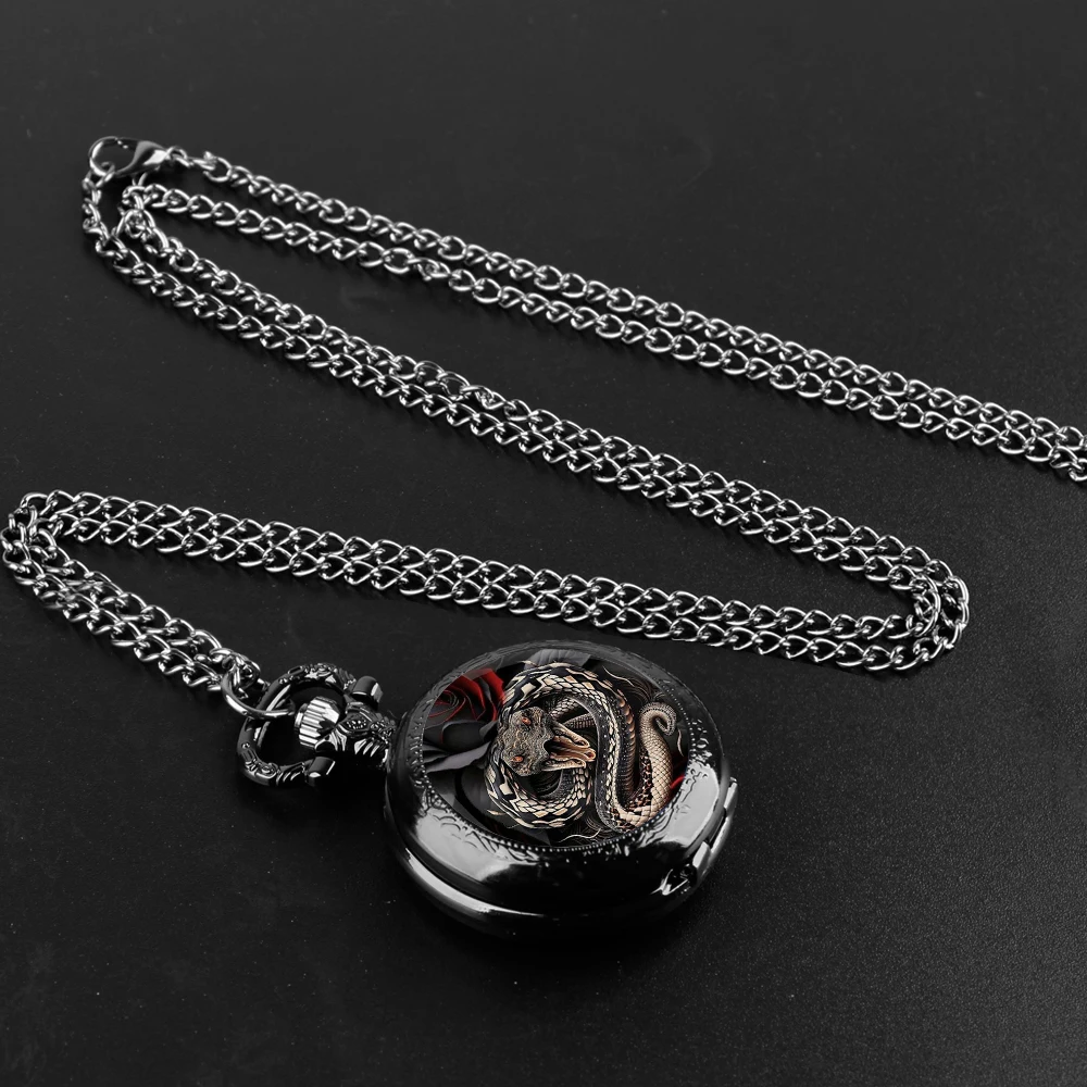 Vintage Black Classic Retro Rose Snake Pattern Design Quartz Pocket Watch With Chain Men's Souvenir Gift Collection