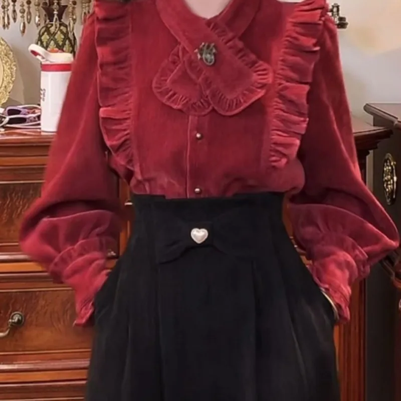 2025年初春 フレンチレトロ キノコ柄 おしゃれ 長袖シャツ レディース レッドトップ