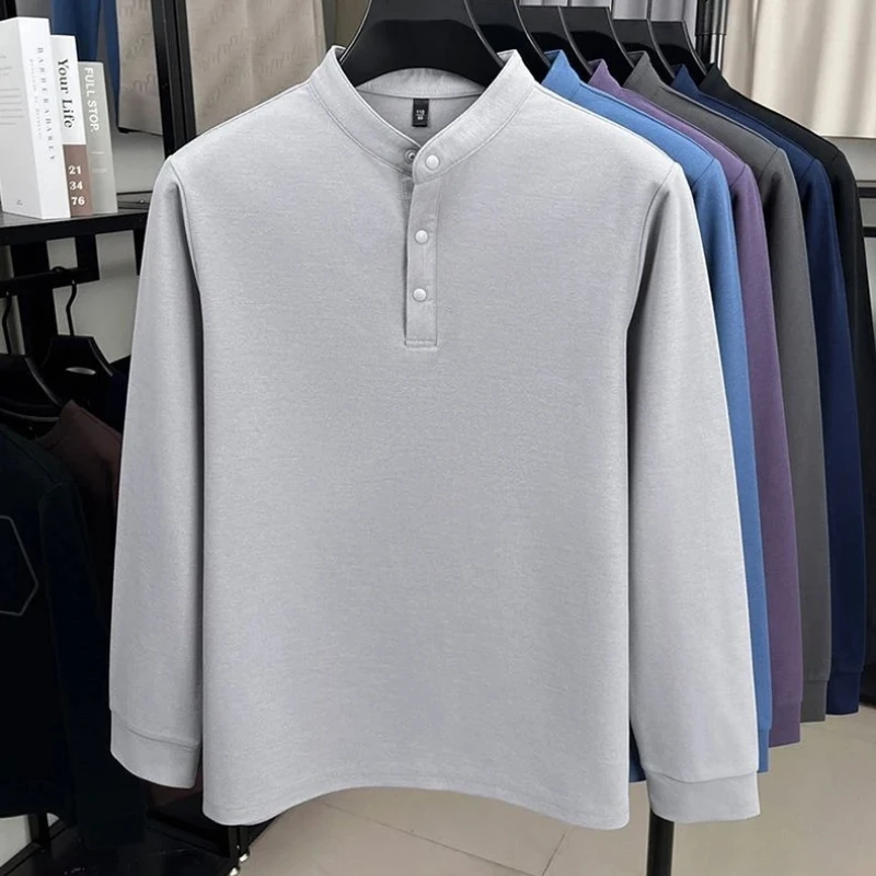 Men Stand Collar Long Sleeve Polo Shirt Solid Color Long Staple Cotton Casual Comfortable Versatile Top