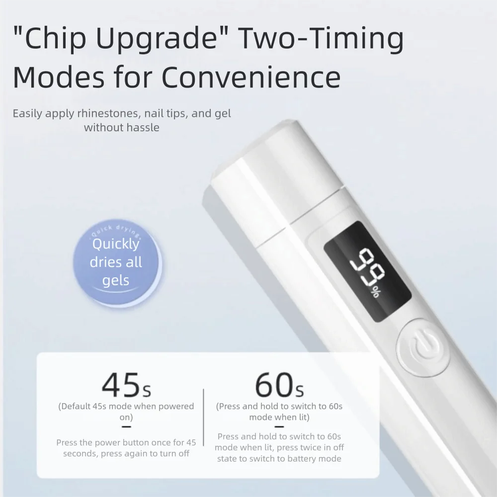 เครื่องอบเล็บพกพา UV LED แห้งเร็ว พร้อมหน้าจอ LED ขนาดเล็ก แบบมือถือ 2 โหมด พร้อมที่ปั๊มลายเล็บซิลิโคน