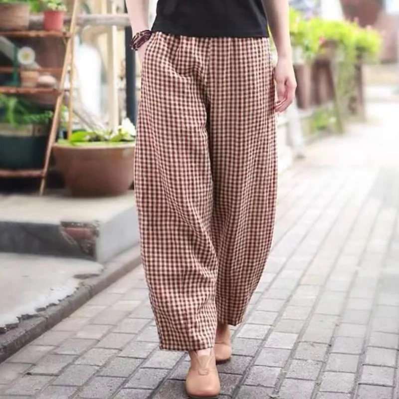 

Fashion Elastic Spliced Pockets Plaid Casual Pants Women's Clothing 2025 Summer New Loose Commuter High Waist Pants