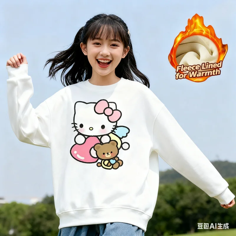 

2025 Sanrio Series Printed Crew Neck Long-Sleeve Top, Cute and Warm Fleece-Lined Crew Neck Long-Sleeve T-Shirt, 100% Cotton