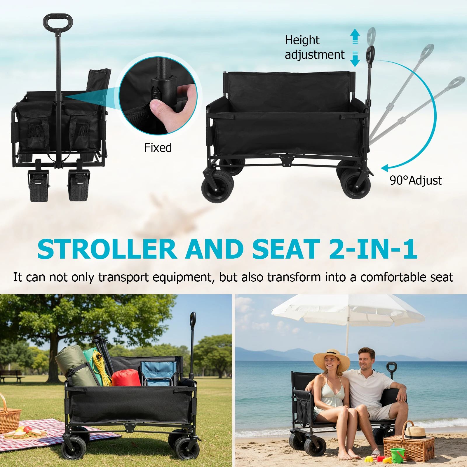 

265LBS Collapsible Wagon Cart Heavy Duty Foldable Extended Wagon with Wheels for Camping Sports Outdoor Activities Black