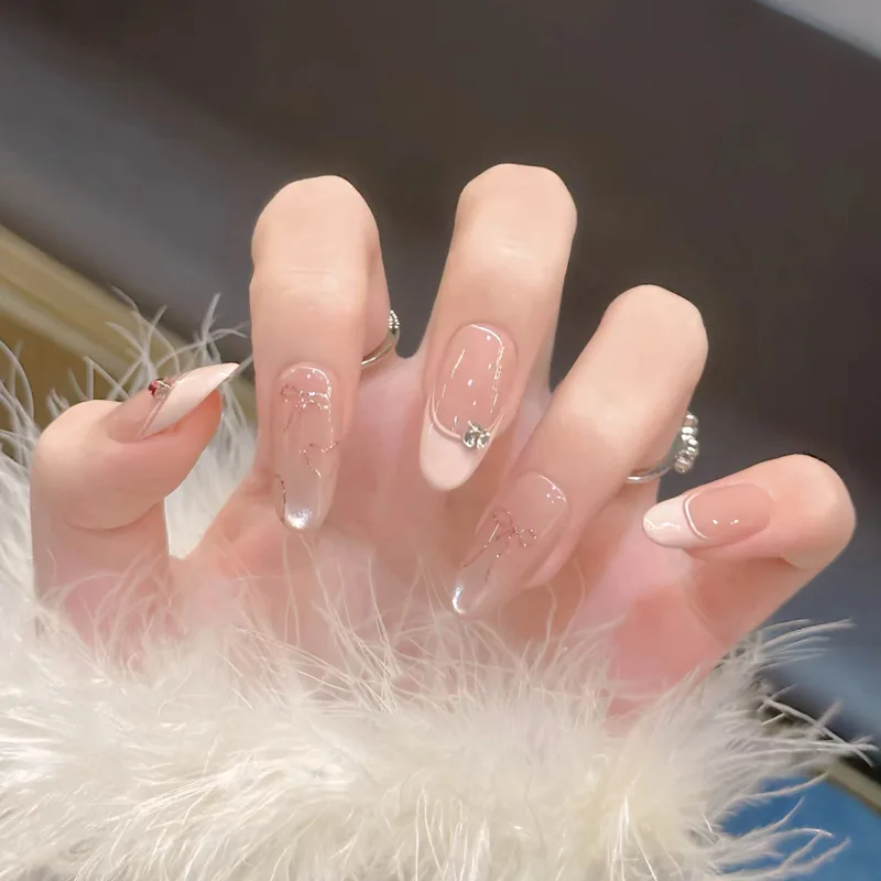 10 szt. Ręcznie Robione Słodkie Różowe Francuskie Paznokcie Doczepiane Migdałowe Kokardka Serce Sztuczne Paznokcie Śliczna Dziewczyna Cyrkonie Wielokrotnego Użytku Sztuczne Paznokcie