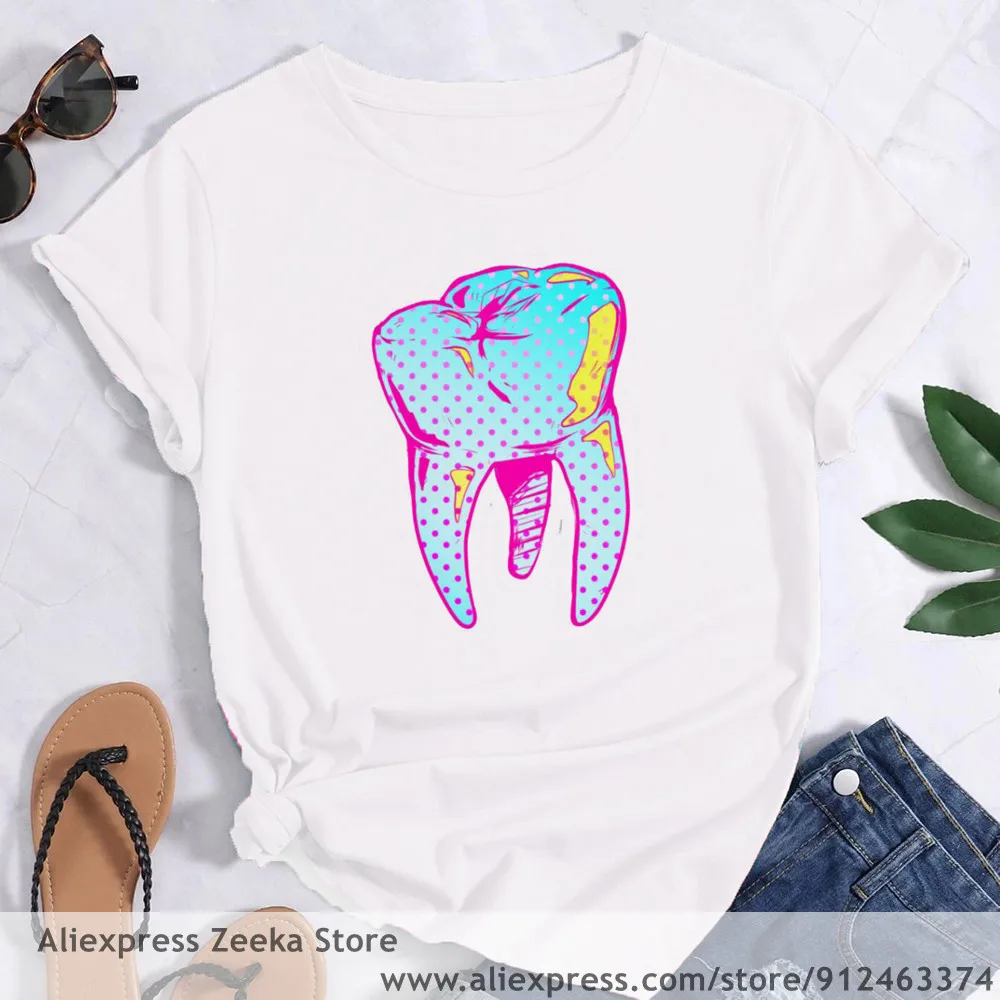 Tooth and Dentist Graphic Aesthetic  Women Funny Print Ladies T-shirt Girl Y2K Harajuku Basis O-collar White Shirt Short