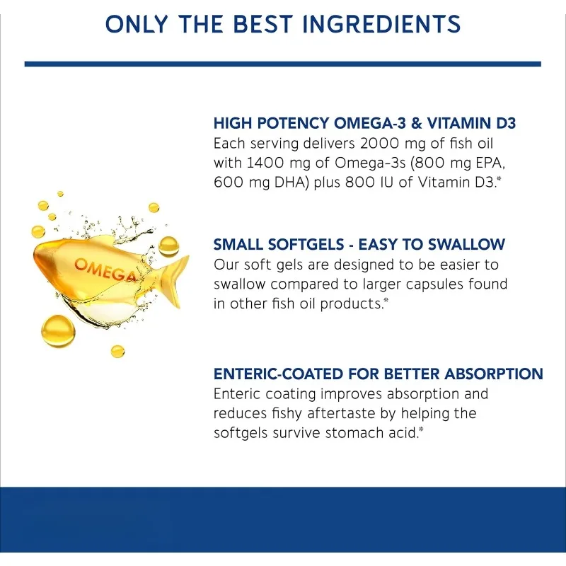 Omega-3 Fish Oil 2000mg Soft Capsules Containing 1400mg EPA and DHA with Vitamin D3- Joint Health Support