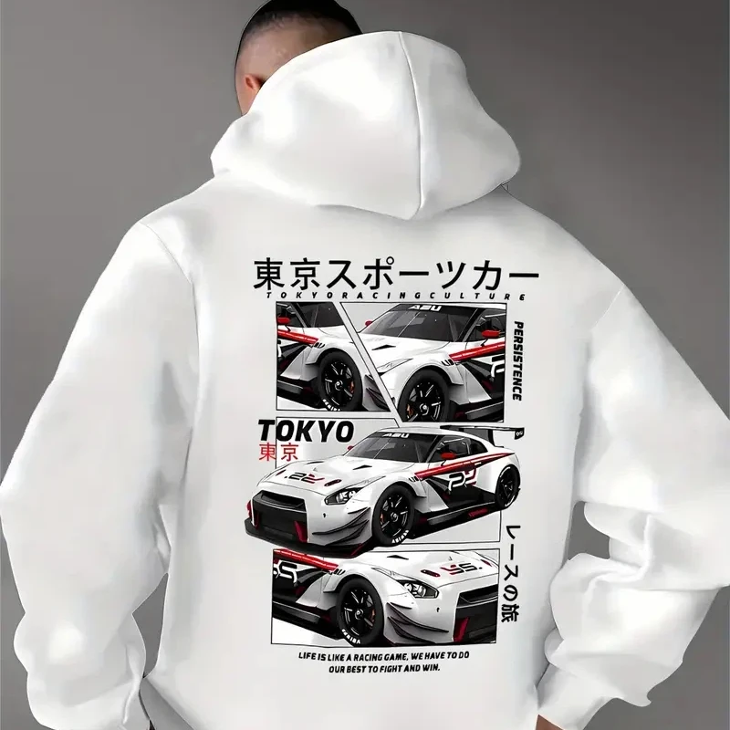Behind the Elements of the Japanese Tokyo Motor City, There Is a Big Picture Printed Men's Casual Street Style Hoodie, Sweatshir