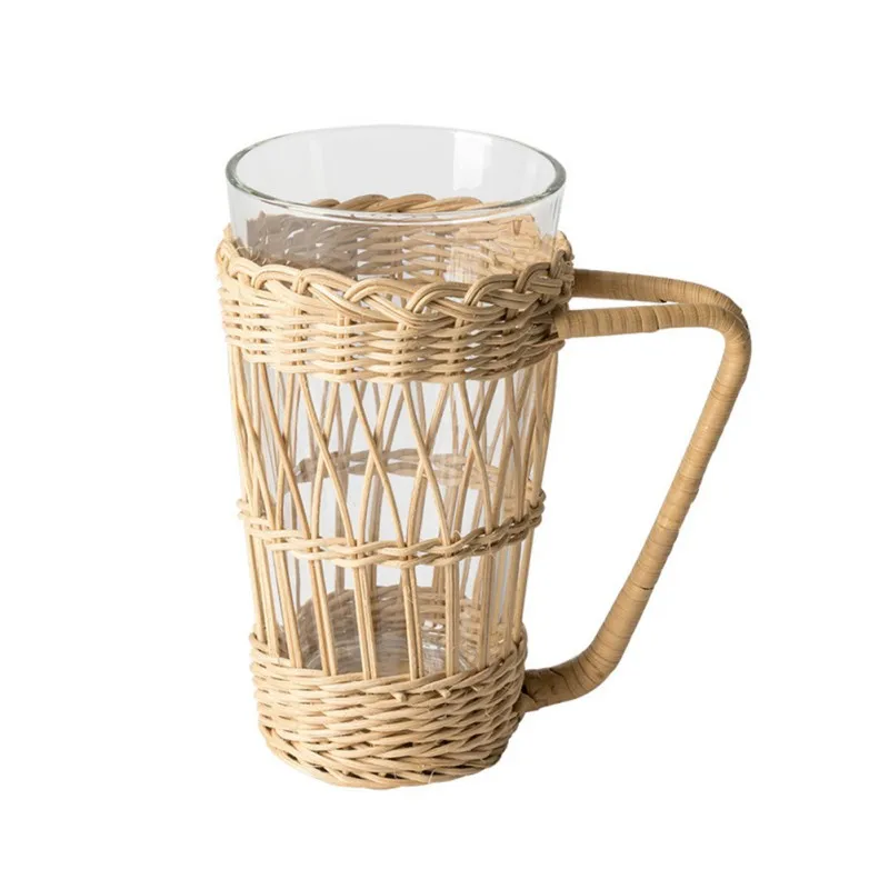 Rattan Woven Water Cup Cover, Anti-scald Cups Holder with Handle, 1Pc Set