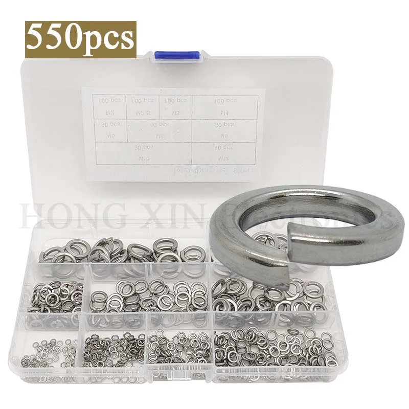 

550pcs 304 Stainless Steel Spring Lock Washer Assortment Set , 9 Sizes - M2 M2.5 M3 M4 M5 M6 M8 M10 M12