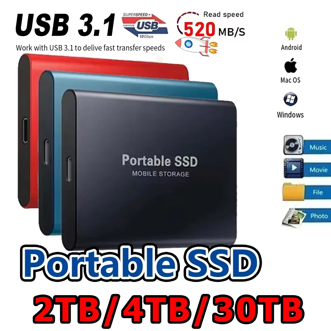 Disque SSD externe haute vitesse 2 to/4 to/30 to USB 3.1 type-c, stockage de disque dur pour ordinateur portable/PC/MAC