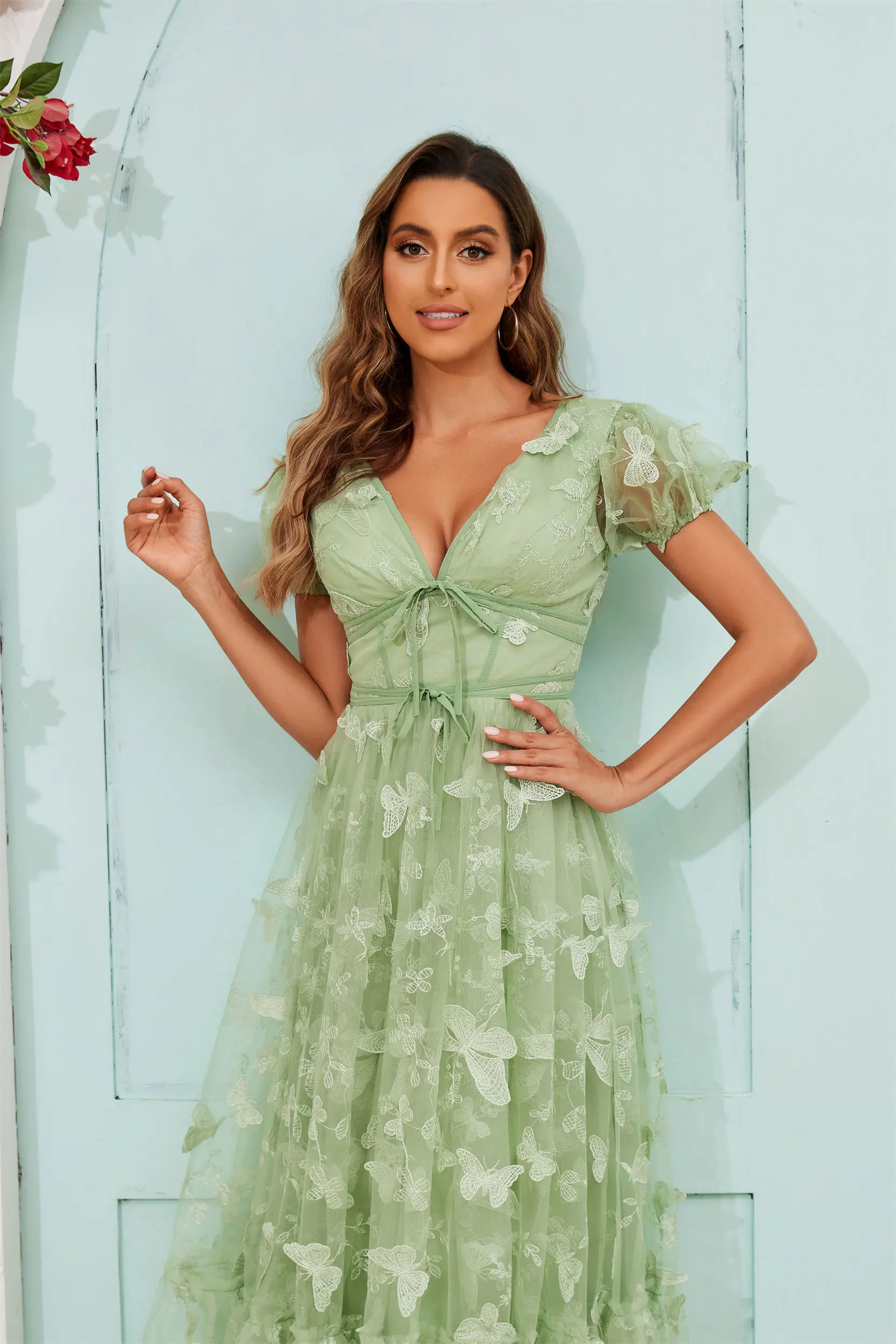 emerald green long sleeve velvet dress Glitter-Tulle Long Sage Green Prom Dress