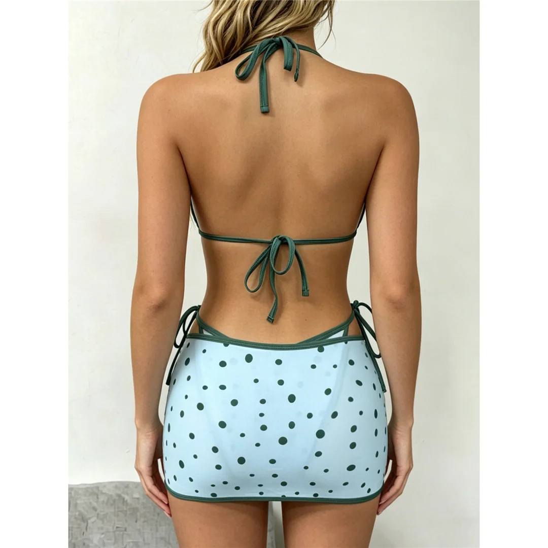 Mit Rock, Polka-Dot-Muster, Neckholder-Bikini, Damen-Badeanzug, dreiteiliges Bikini-Set, Badeanzug mit Trägern, Badebekleidung, Badeanzug V8380 – Detail 11