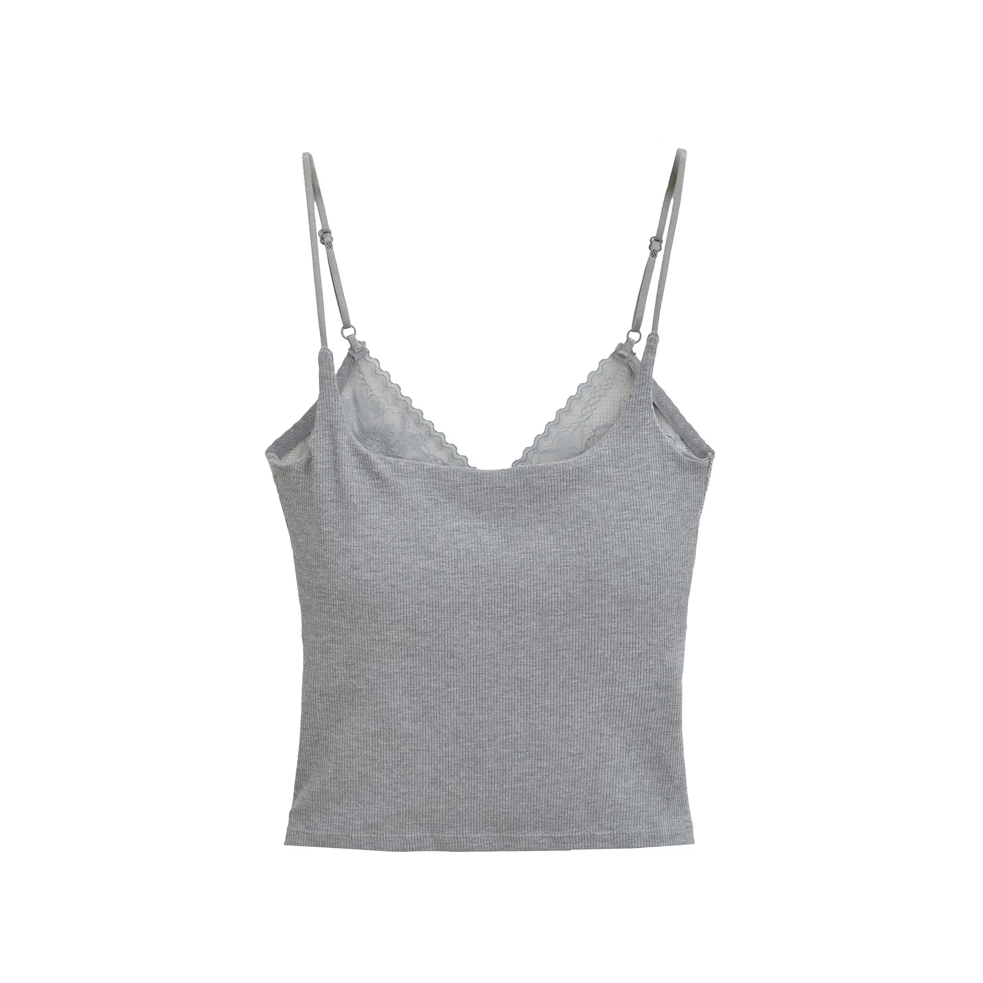 เสื้อสายเดี่ยวเซ็กซี่สไตล์ลำลองสำหรับผู้หญิง รุ่นใหม่ประจำฤดูใบไม้ร่วง ตกแต่งด้วยลูกไม้ พร้อมฟองน้ำเสริมทรง ด้านหลังเปิดกว้าง รุ่น 2GK2