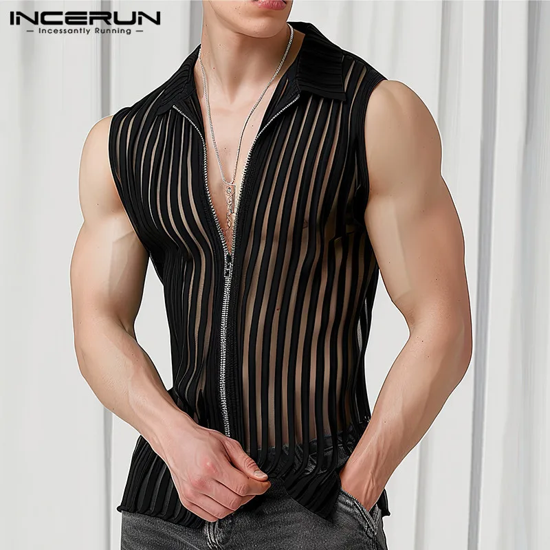 2024 Männer Tanktops gestreifte Mesh Revers ärmellose Reiß verschluss männliche Westen transparente Streetwear Sommer mode Männer Kleidung Incerun
