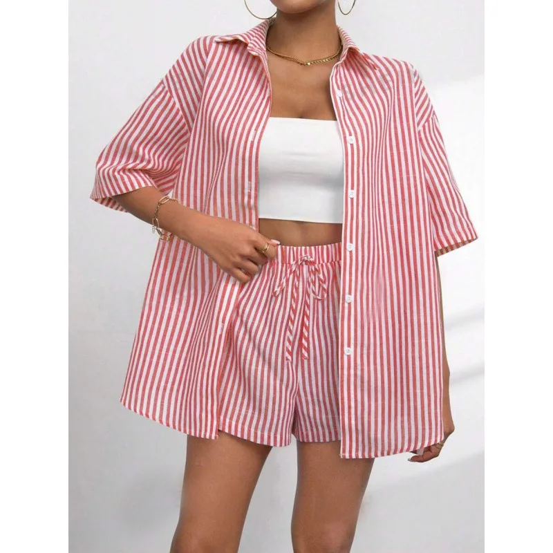 2026 new fashion set for spring and summer, featuring a collared button up cardigan, loose casual striped shirt, short sleeved p