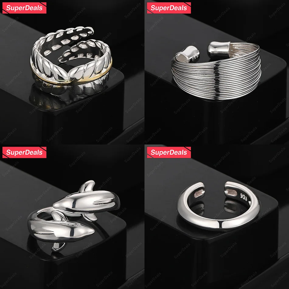 

SuperDeals 925 Sterling Silver Feather Dolphin Multi-Line Round Open Ring Women Gift Cute Jewelry Engagement Party