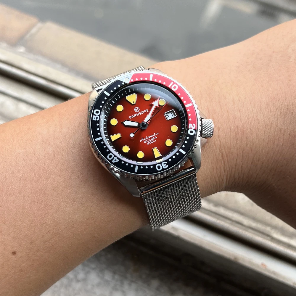 PARNSRPE Men's watches Red Sunburst Dial NH35 Automatic Diver Mechanical Watch with Date Window red watches for men