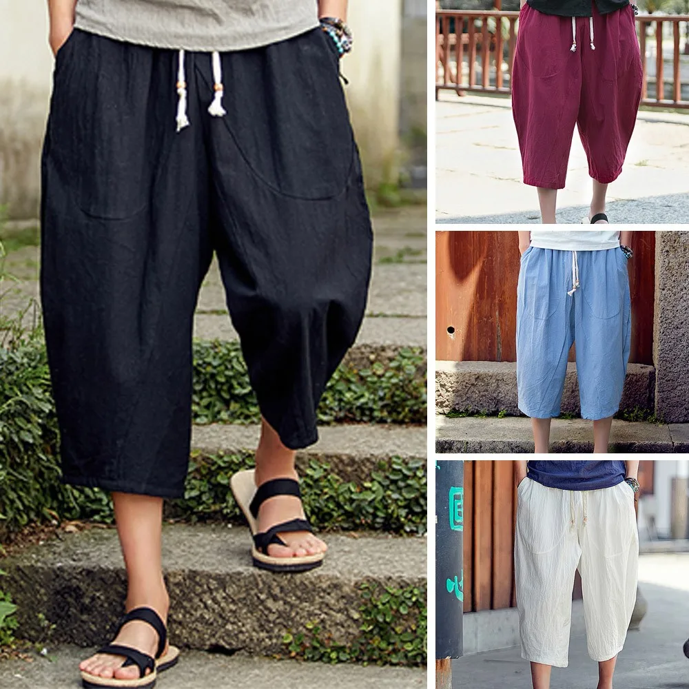 Plus Size Harem Pants Men Chinese Style Calf-Length Casual Baggy Pants Males' Trousers Short Joggers Daily Sports Pants