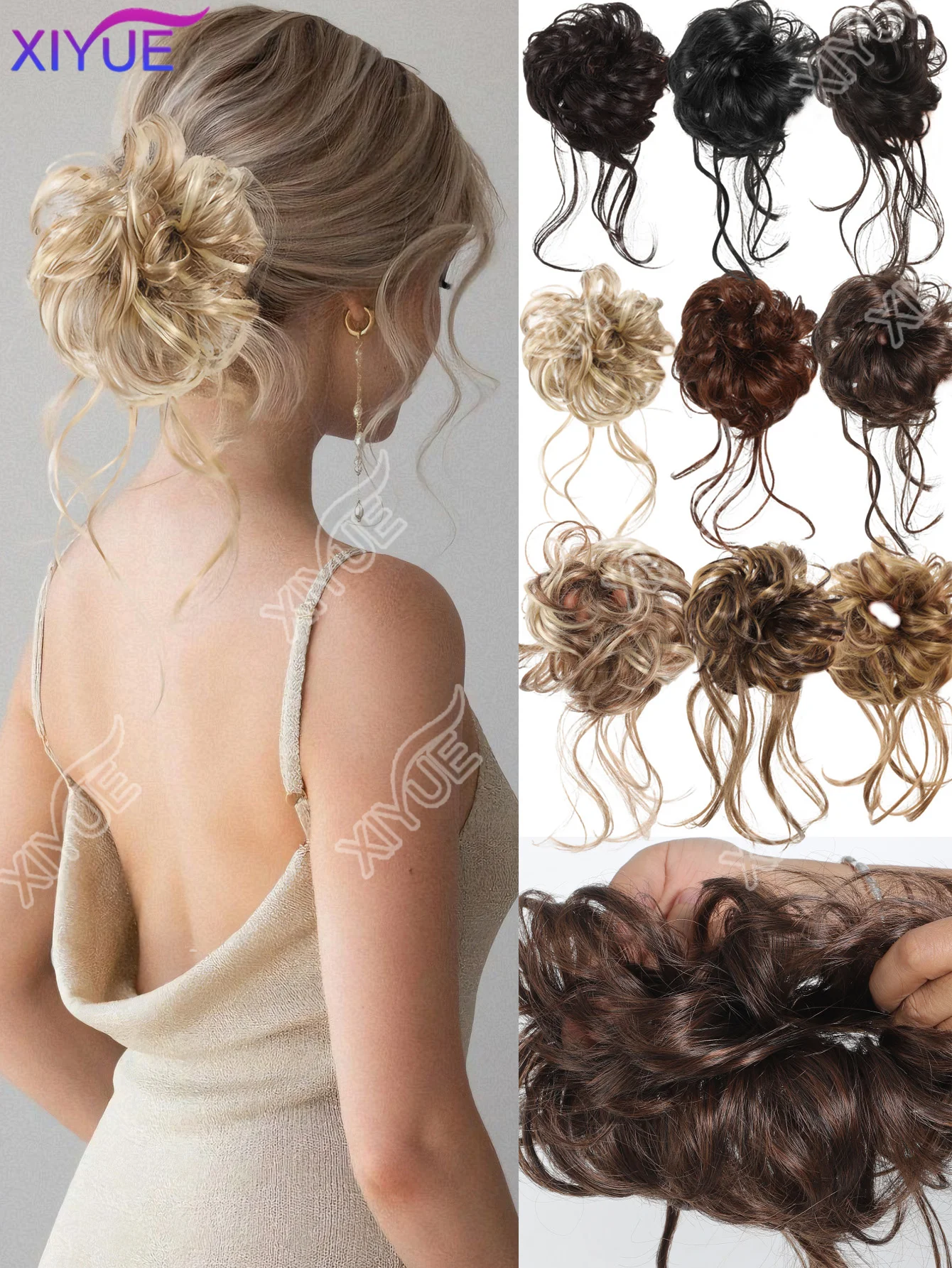 XIYUE Synthetic Elegant Messy Curly Elastic Rubber Band Hair Bun Fluffy Easy to Style Suitable for Daily Use