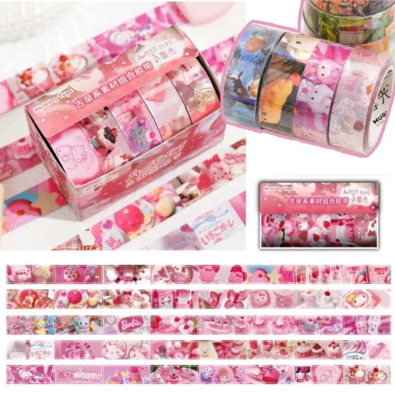 5 Pcs Vintage Pink Hello Kitty Hand Ledger Stickers Japanese Kawaii DIY Melody Stickers Cute Nostalgic Stickers Birthday Gift