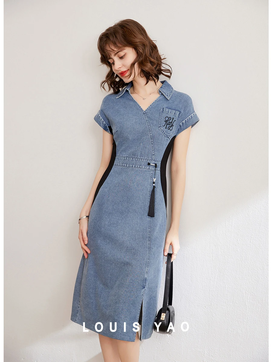 LOUIS YAO Denim Dress V Neck Short Sleeve Dress 2024 Summer Slim Fit Embroidery Fashion Long Dress