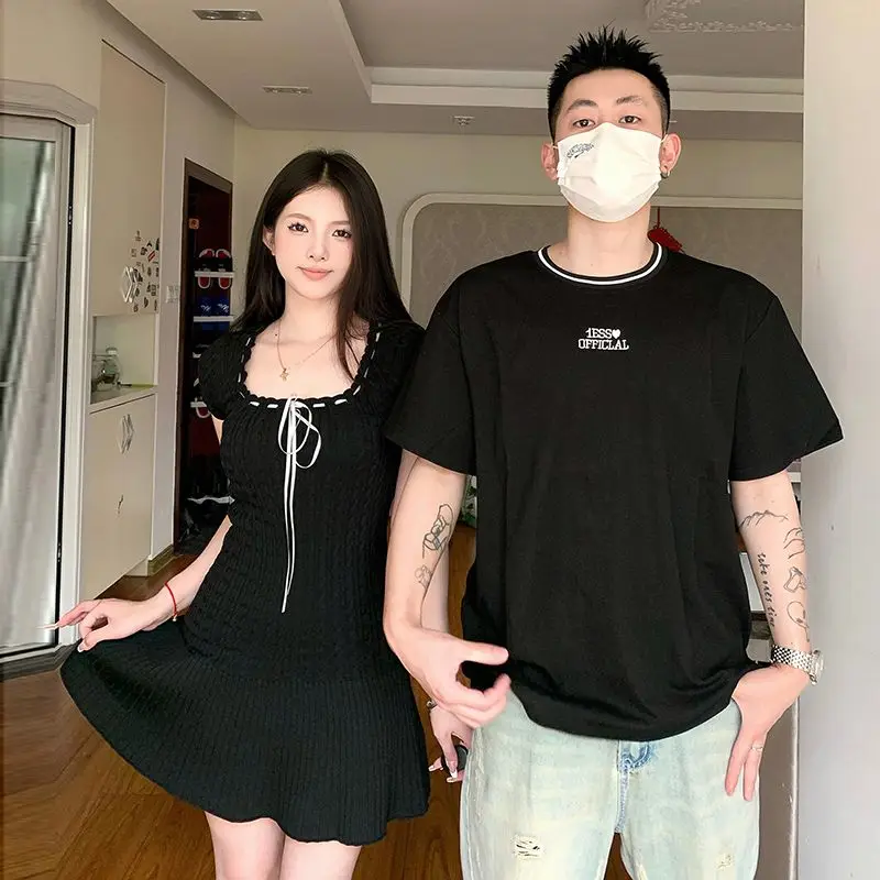 New Fashion Couple Dress Summer 2023 Korean Version of Short-sleeved T-shirt Nightgown Woman French Slim Mid-length Skirt