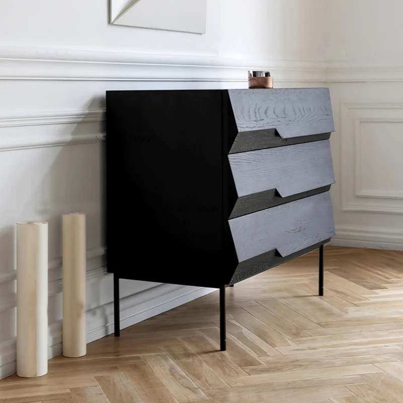 

Bedroom storage cabinet against the wall Living room simple side cabinet Modern black oak 2021 new three-bucket cabinet