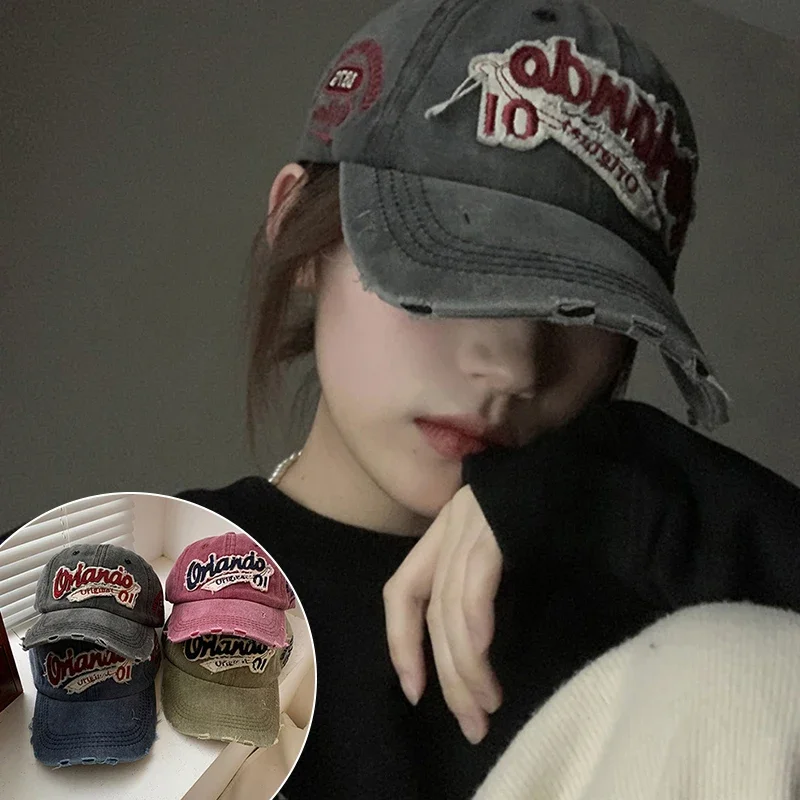 

Hip Hop Holed Baseball Cap for Men Women Retro Cotton Washed Cap Visor Fashionable Snapback Sun Visors Punk Lettered Cap y2k