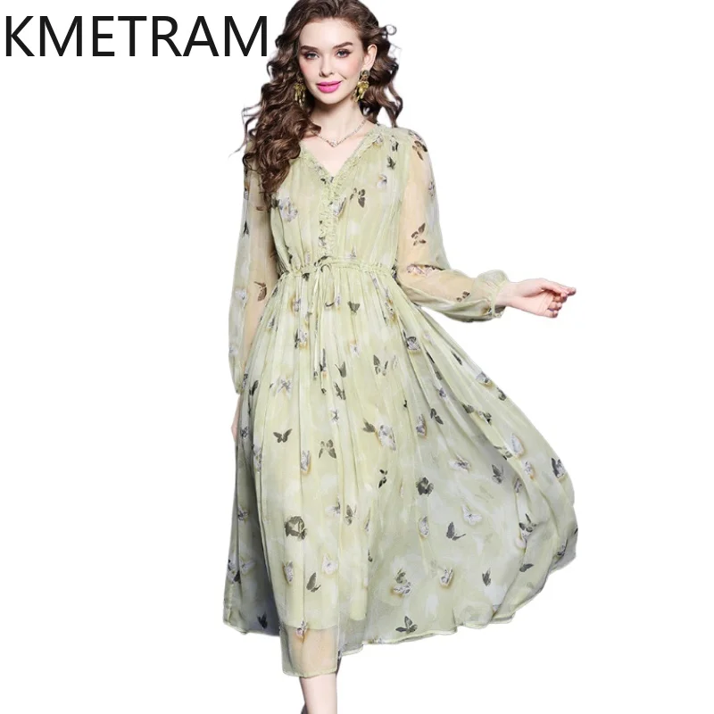 

KMETRAM 100% шелковые платья из тутового шелкопряда с длинным рукавом для женщин, высококачественные вечерние платья, летние платья с V-образным вырезом, женская одежда 2026