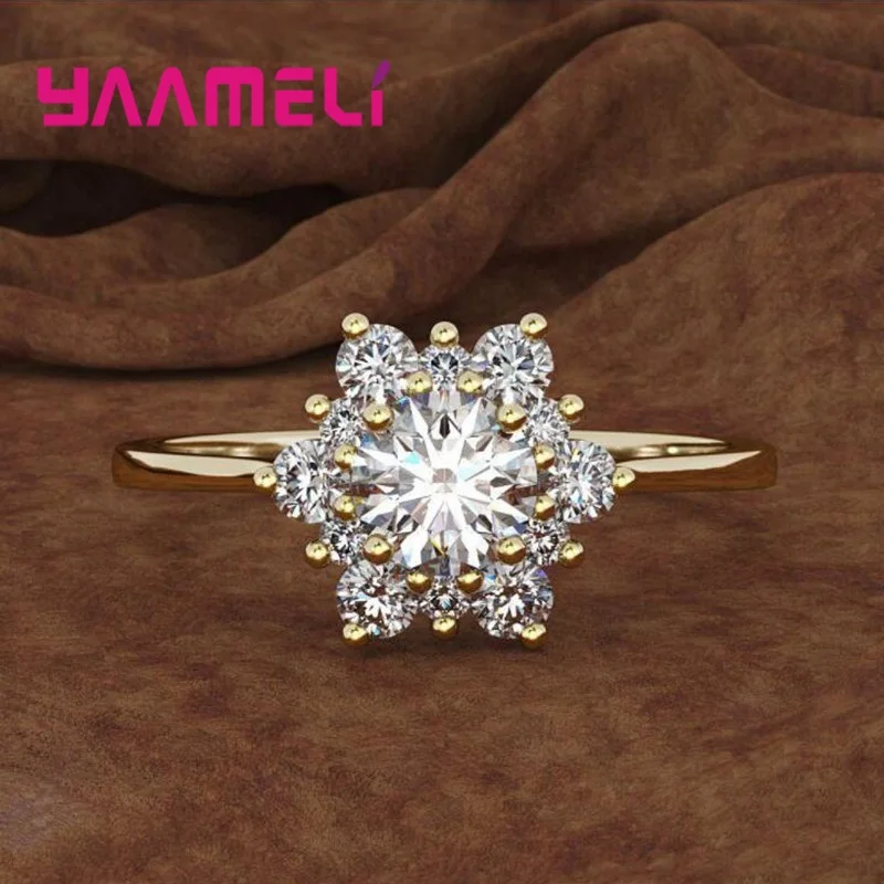 S925 Sterling Silver Snowflake Flowers Ring Transparant Clear Cubic Zirconia Micro Inlay  New Fashion Women\'s Jewelry