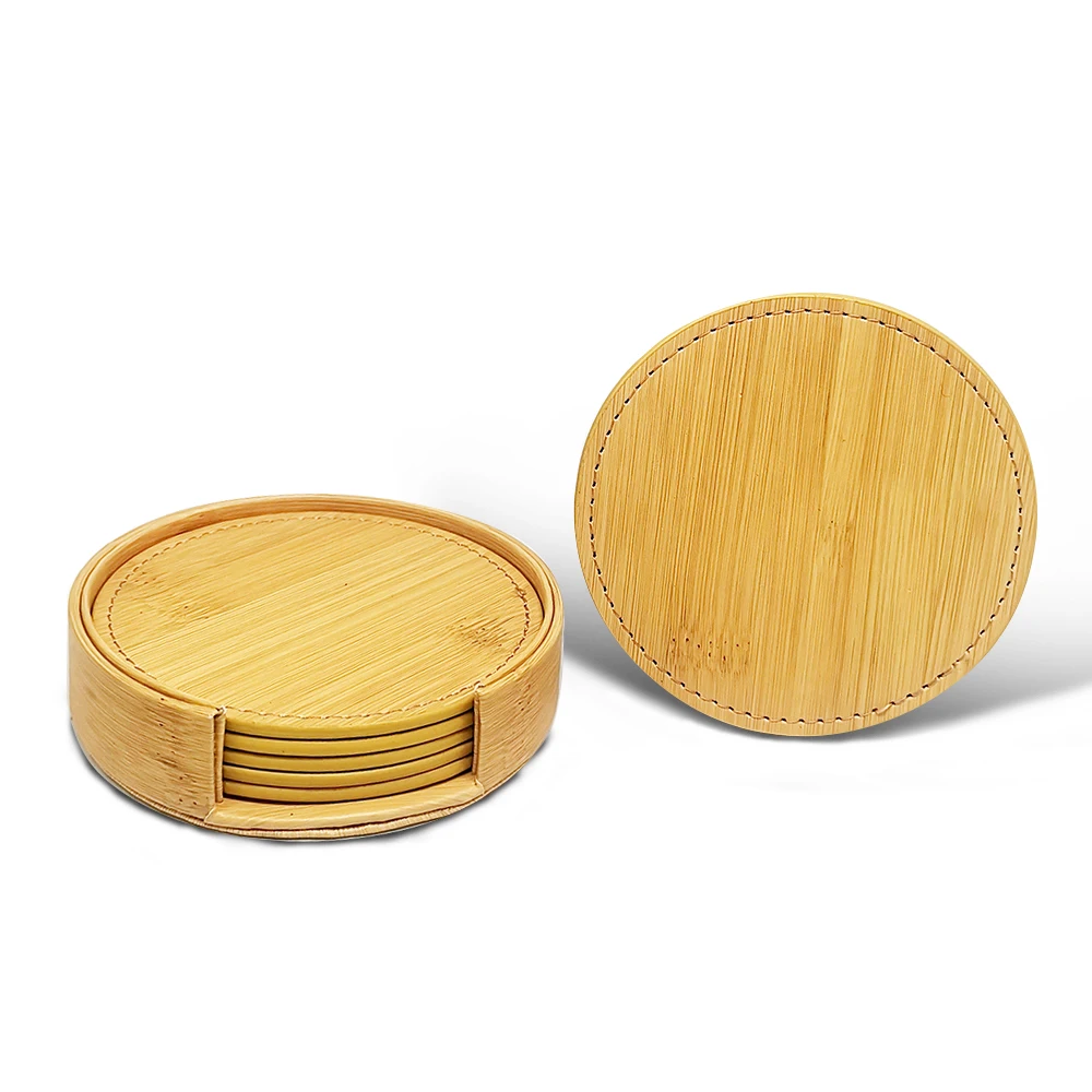 

WOTOR 6PCS/Lot Leather Circle Coaster Retro Bamboo Grain Waterproof Heat Resistant Placemat Tea Coffee Cups Home Bar Counter