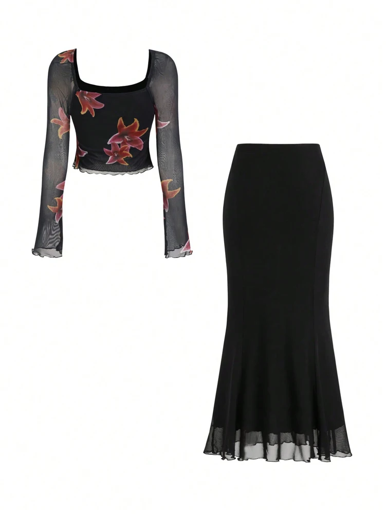 

2025 Ladies Mesh Printed Square Neck Halter Top with Skirt Two-Piece Suit Women's Polyester Summer Fashion Best Choice