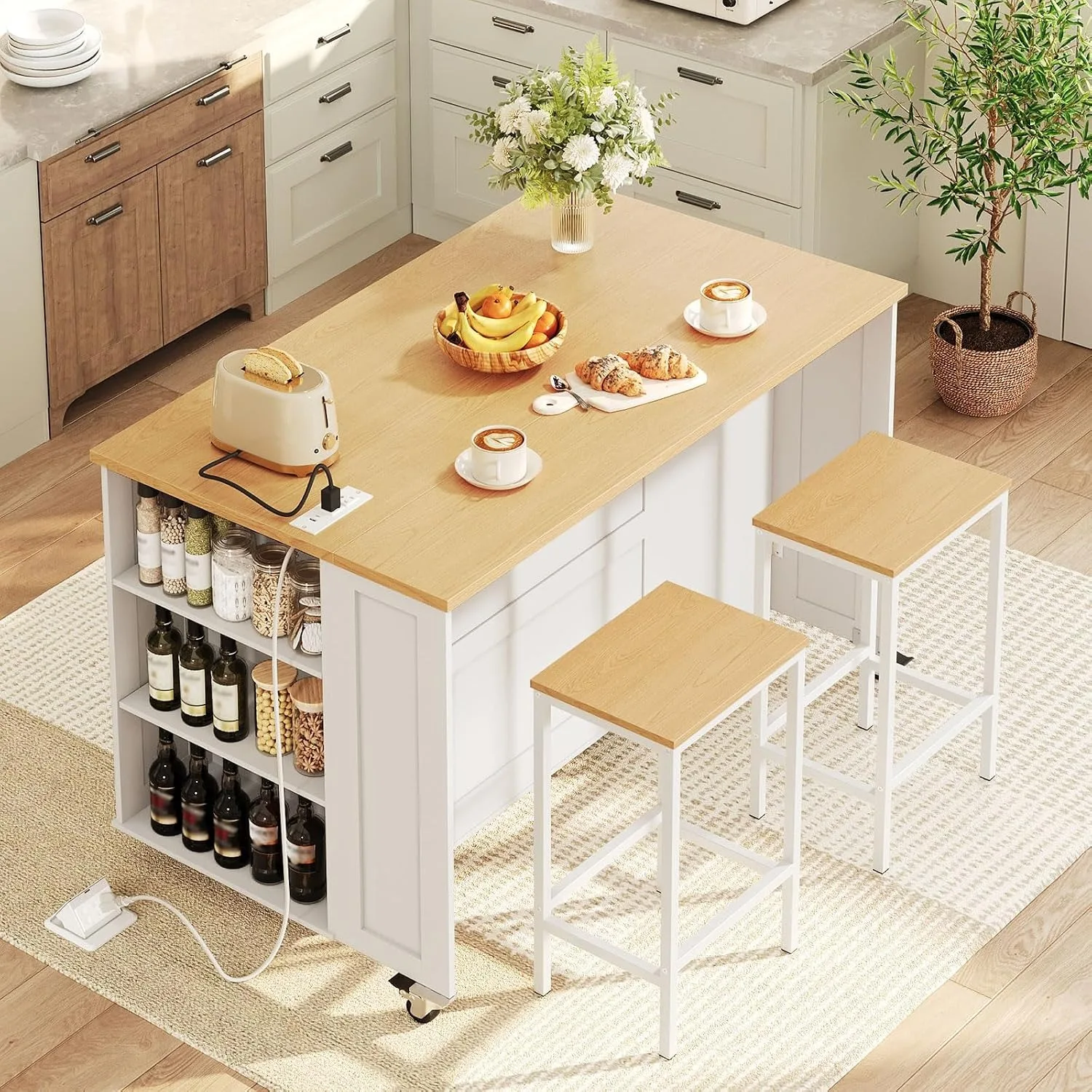 Rolling Kitchen Island with Storage & Seating, Includes 2 Bar Stools